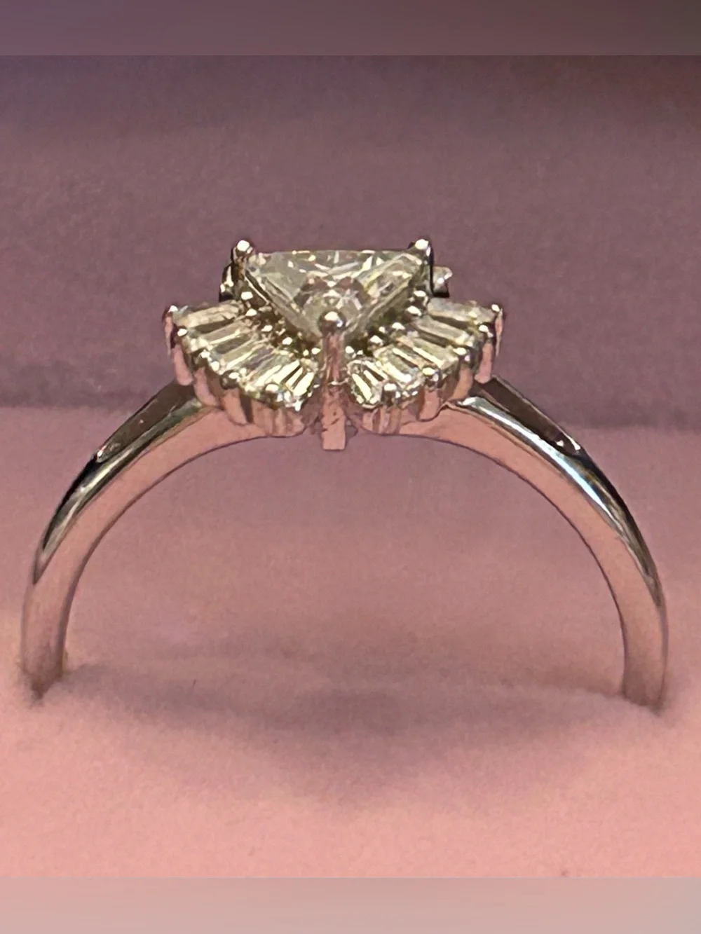 Triangular & Baguette Cut Halo Moissanite Ring in Sterling Silver Size 8.50
